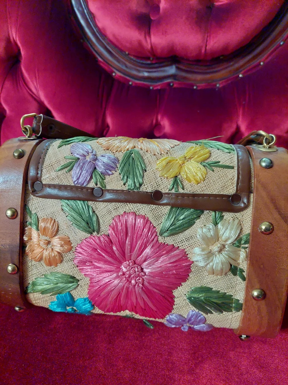 Vintage Embroidered Multicolor Floral Straw Wooden Shoulder Bag